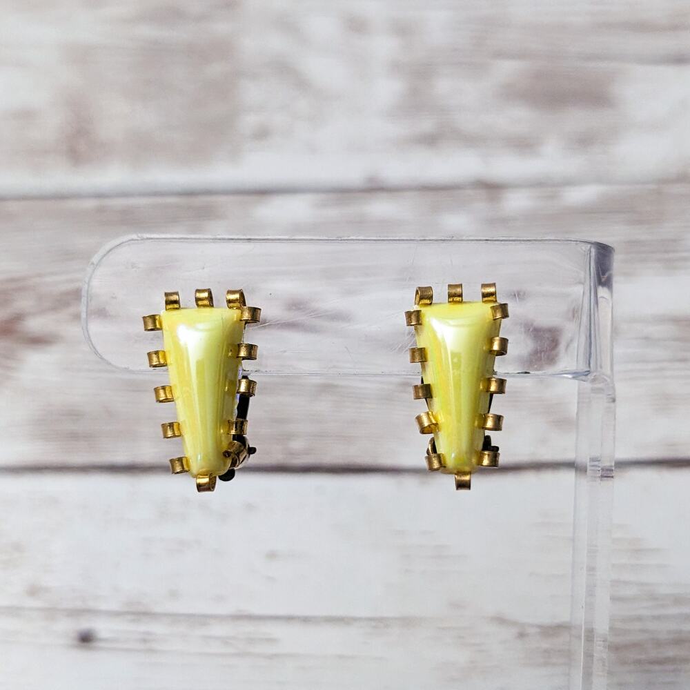Vintage Clip On Earrings Unusual Yellow Shiny Retro